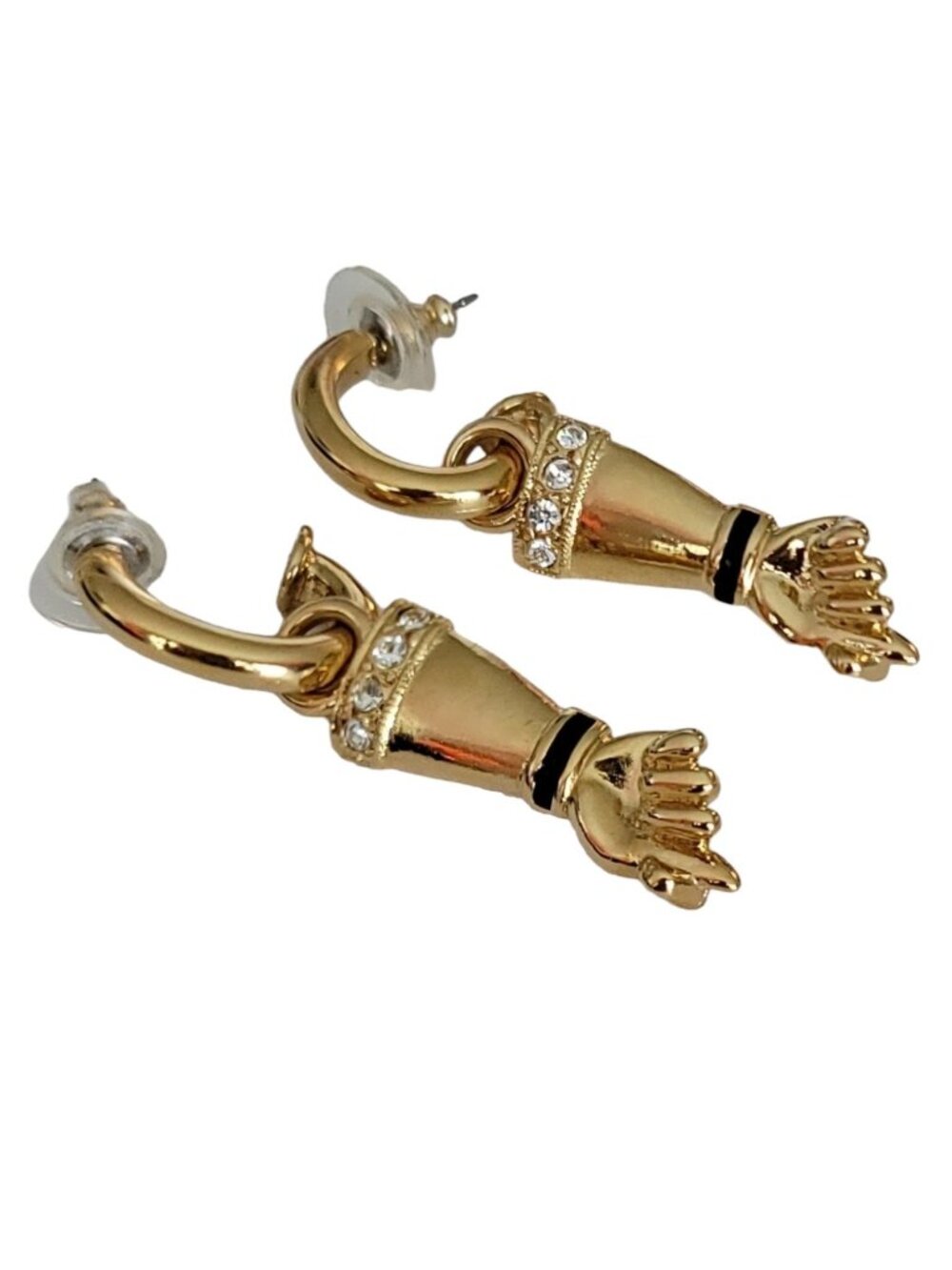 Jackie Collins Gold Tone Rhinestone Figa Fist Dangle Post Earrings Signed, K01